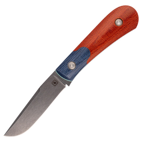 Double X Knives Fixed Trapper, Brown Canvas Micarta - Blue Canvas Bolster / Stonewash CPM MagnaCut
