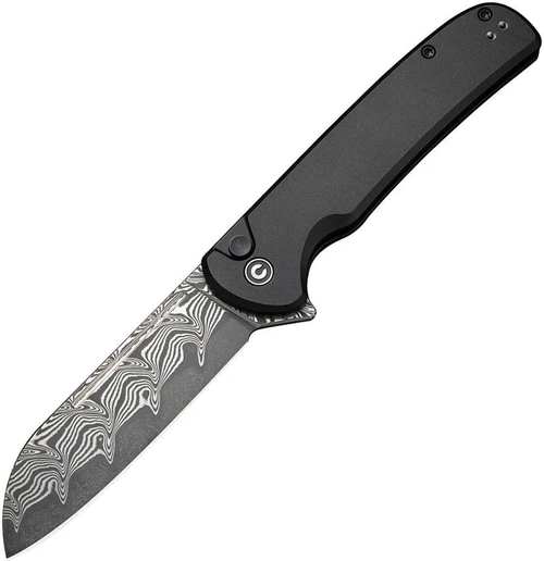 Civivi Chevalier II Button Lock Flipper, Black Aluminum / Damascus - C20022B-DS1