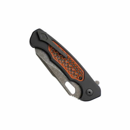 Dead Reckon Knives Ridgeback Modified Black Aluminum Pocketed Black and Orange Inlay, Stonewash MagnaCut