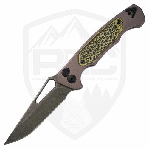 Dead Reckon Knives Ridgeback Non-Flipper Drop Point Grey Aluminum Milled Black and Yellow Inlay, Dark Stonewash MagnaCut