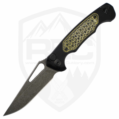 Dead Reckon Knives Ridgeback Non-Flipper Drop Point Black Aluminum Milled Black and Yellow Inlay, Dark Stonewash MagnaCut