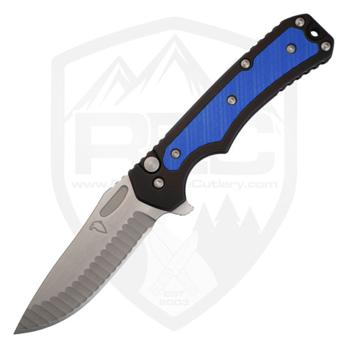 Freeman Outdoor Gear 451 Button Lock Flipper Black Flat Aluminum with Blue G10, Blast and Satin MagnaCut
