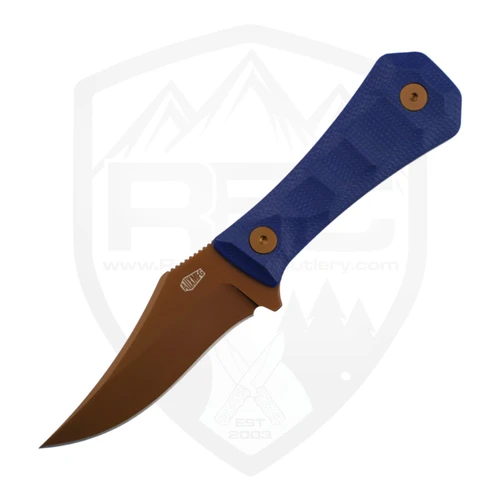 Aux Mfg Deadhead Pocket Bowie Fixed Blade Blue Micarta, Rose Gold PVD 14C28N AUX-001BLUROSE