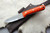 LT Wright Knives: Genesis (Scandi Grind) Fixed Blade Bushcraft Knife w/ Blaze Orange G10 Handle with Black Liners Polished Finish - Leather Sheath