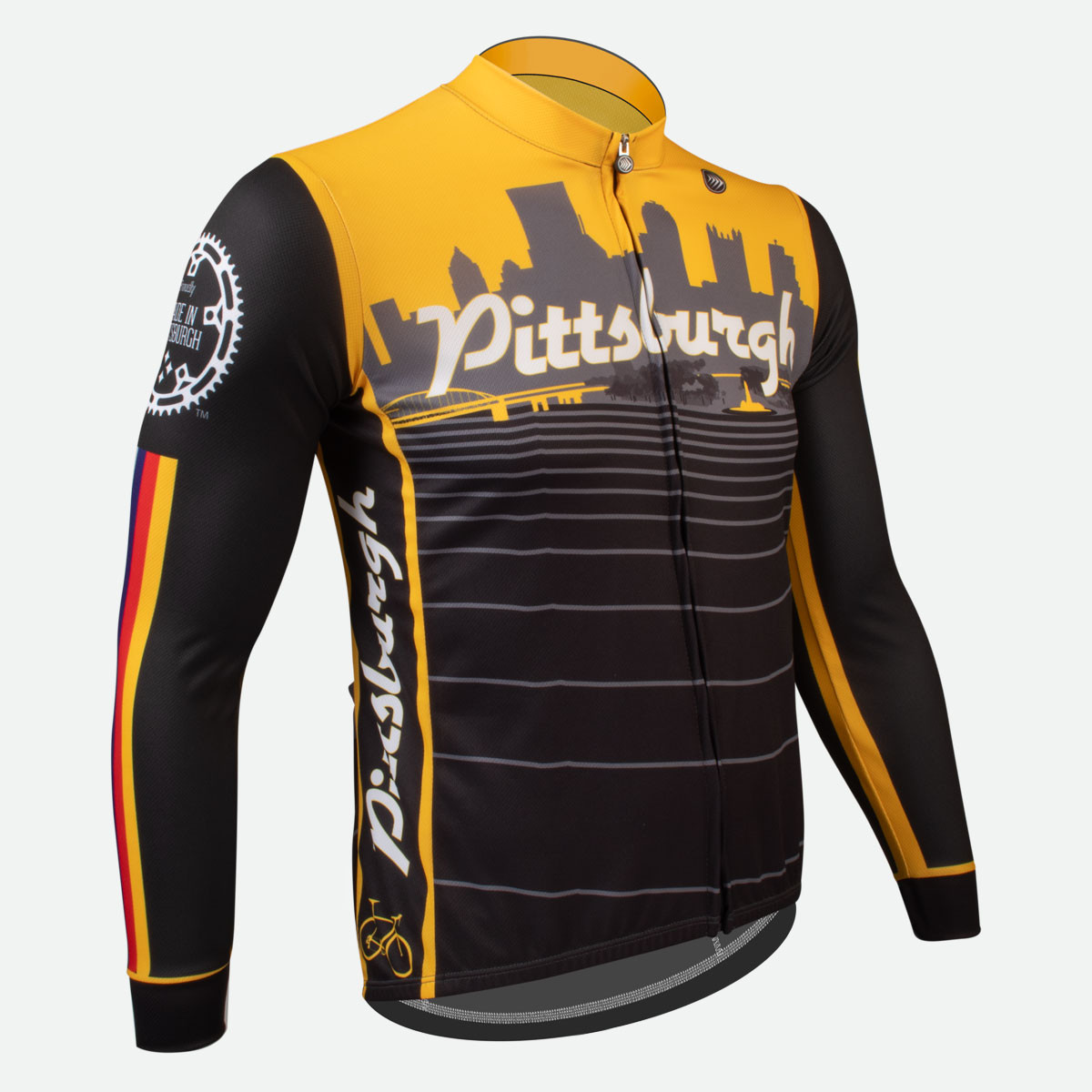 Men's Lightweight Long Sleeve Pittsburgh Theme Bike Jersey Off Front View