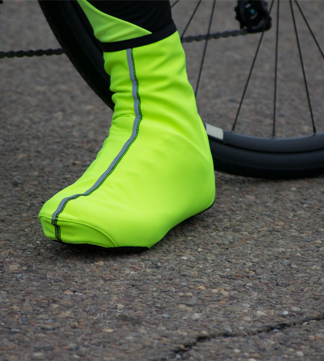 Safety Yellow Cycling Shoe Cover Model Front View