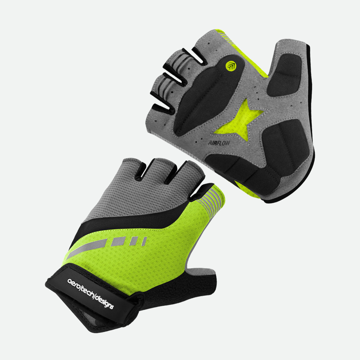 Safety Yellow Lightweight Breathable Padded Palm Fingerless Cycling Gloves Front and Back View|safety yellow|primary