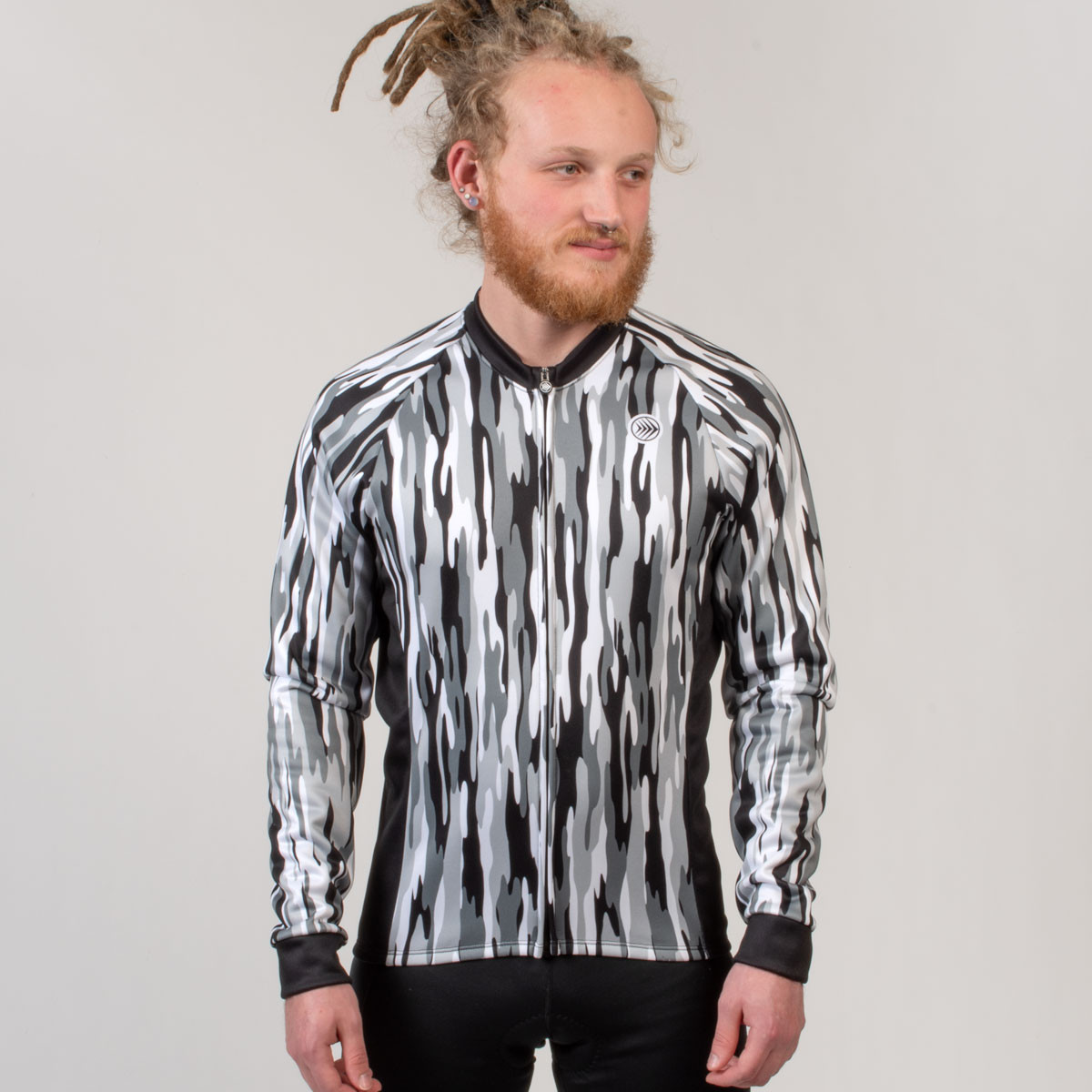 Men's Snow Camo Wind Armor Fleece Long Sleeve Cycling Jersey Model Front