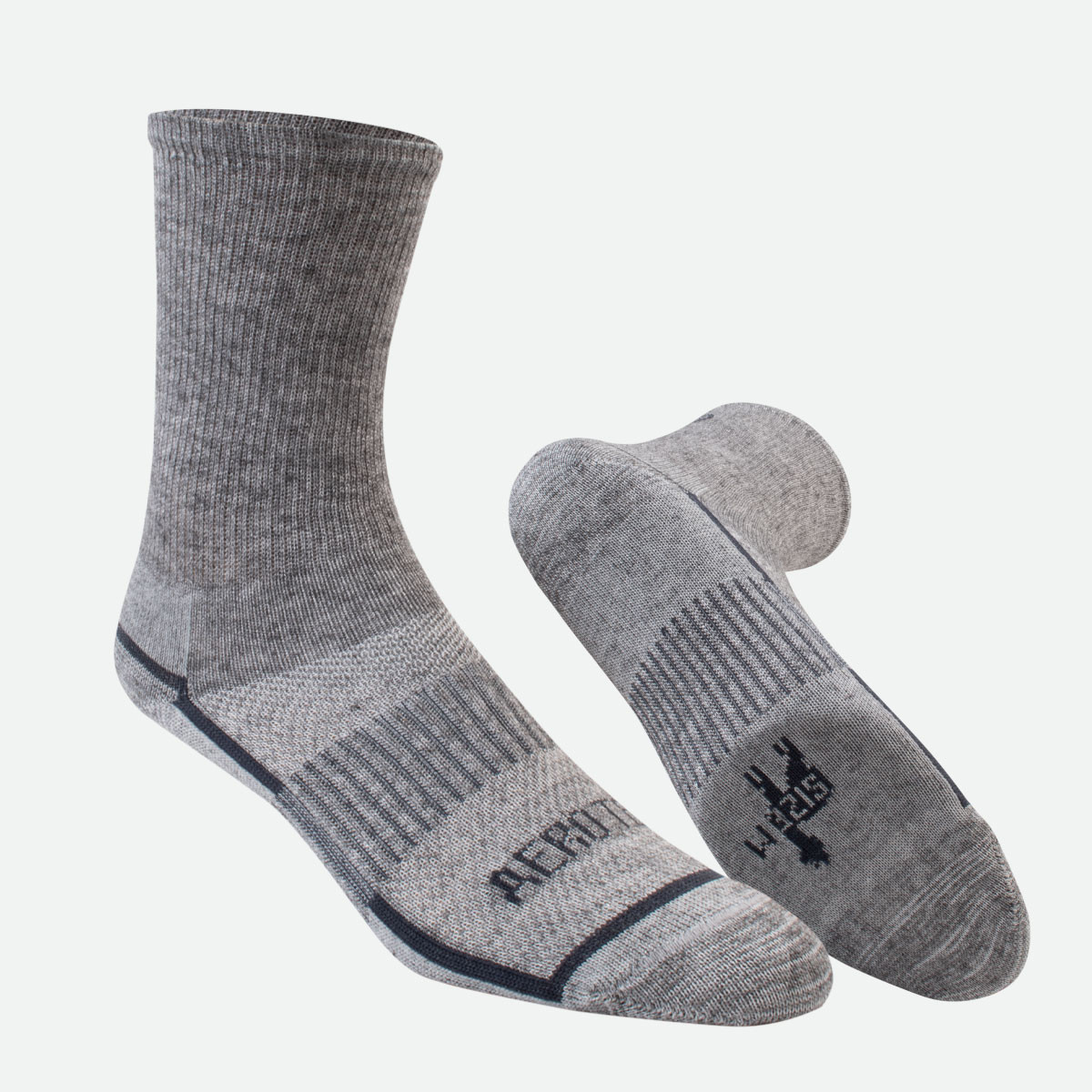 Two gray Alpaca Bamboo Blend crew-length athletic socks with text on the foot and heel. - icon