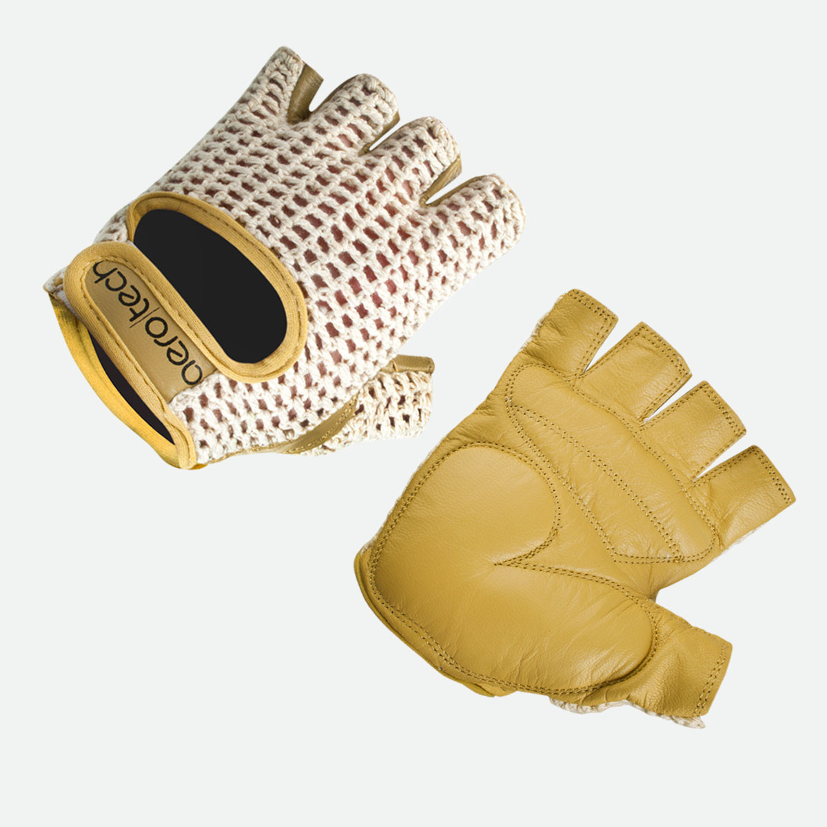 Natural Leather Vintage Crochet Fingerless Gel Padded Palm Gloves