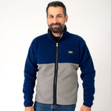 Men's Navy and Charcoal PolarTec Recycled Brush Fleece Zip-Up Jacket Front View Model Men's Navy and Charcoal PolarTec Recycled Brush Fleece Zip-Up Jacket Front View Model
