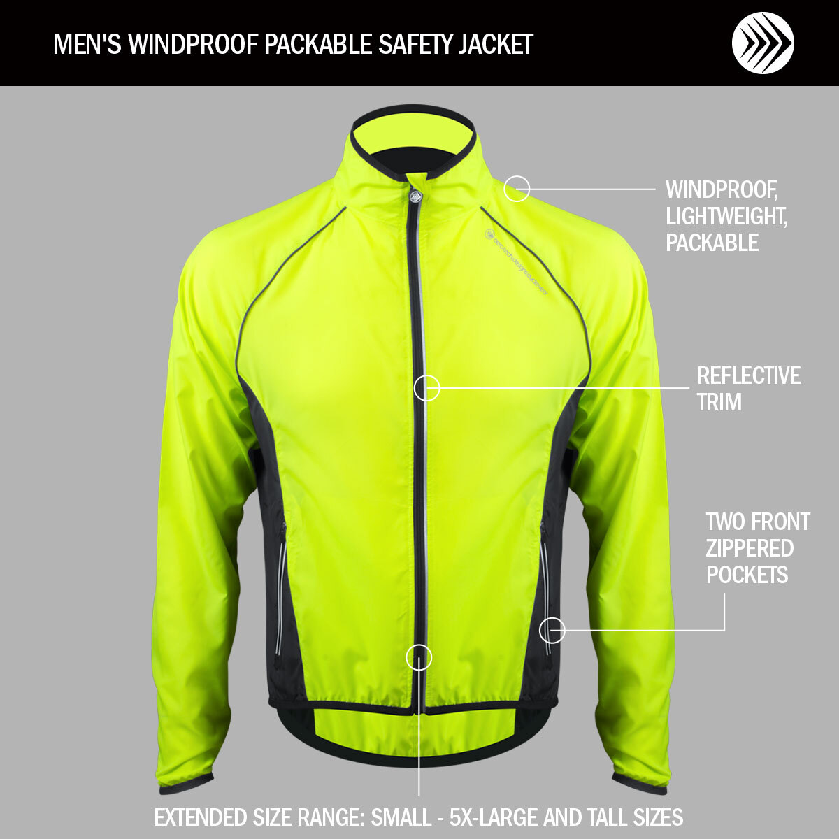 Men's Windproof Packable Safety Jacket | High Visibility Windbreaker