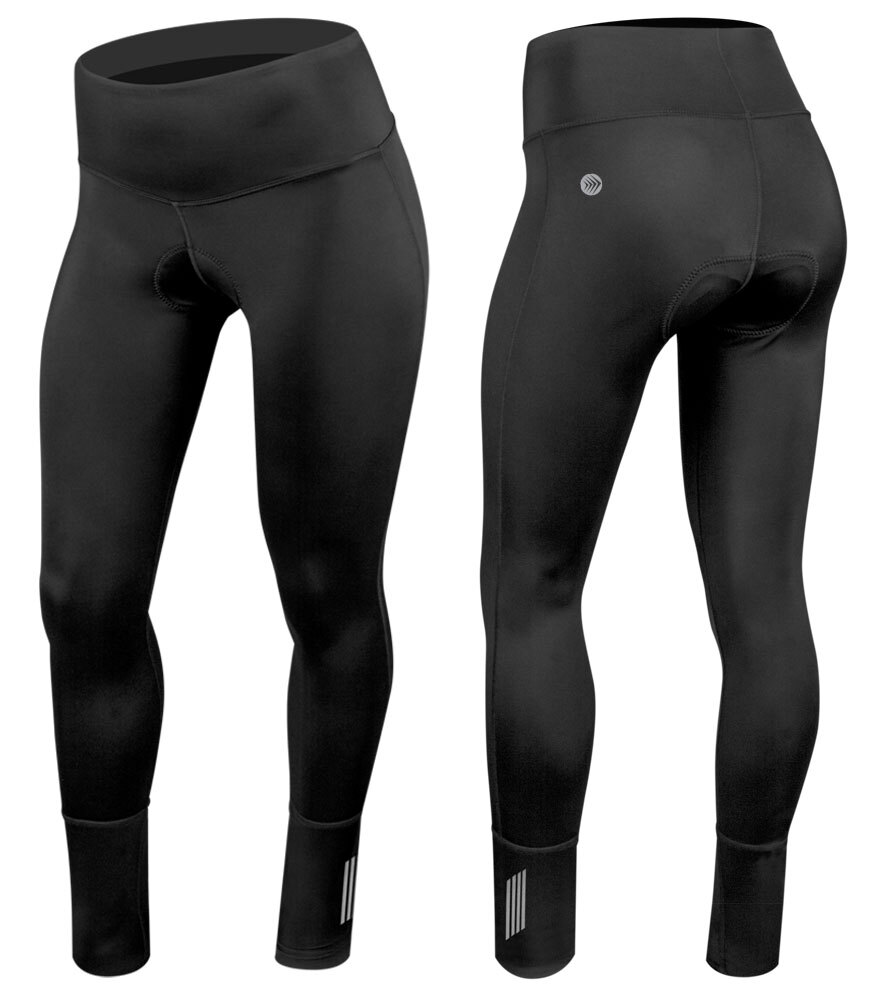 Women's Black Compression Long Distance Century Padded Cycling Tights Front and Back View