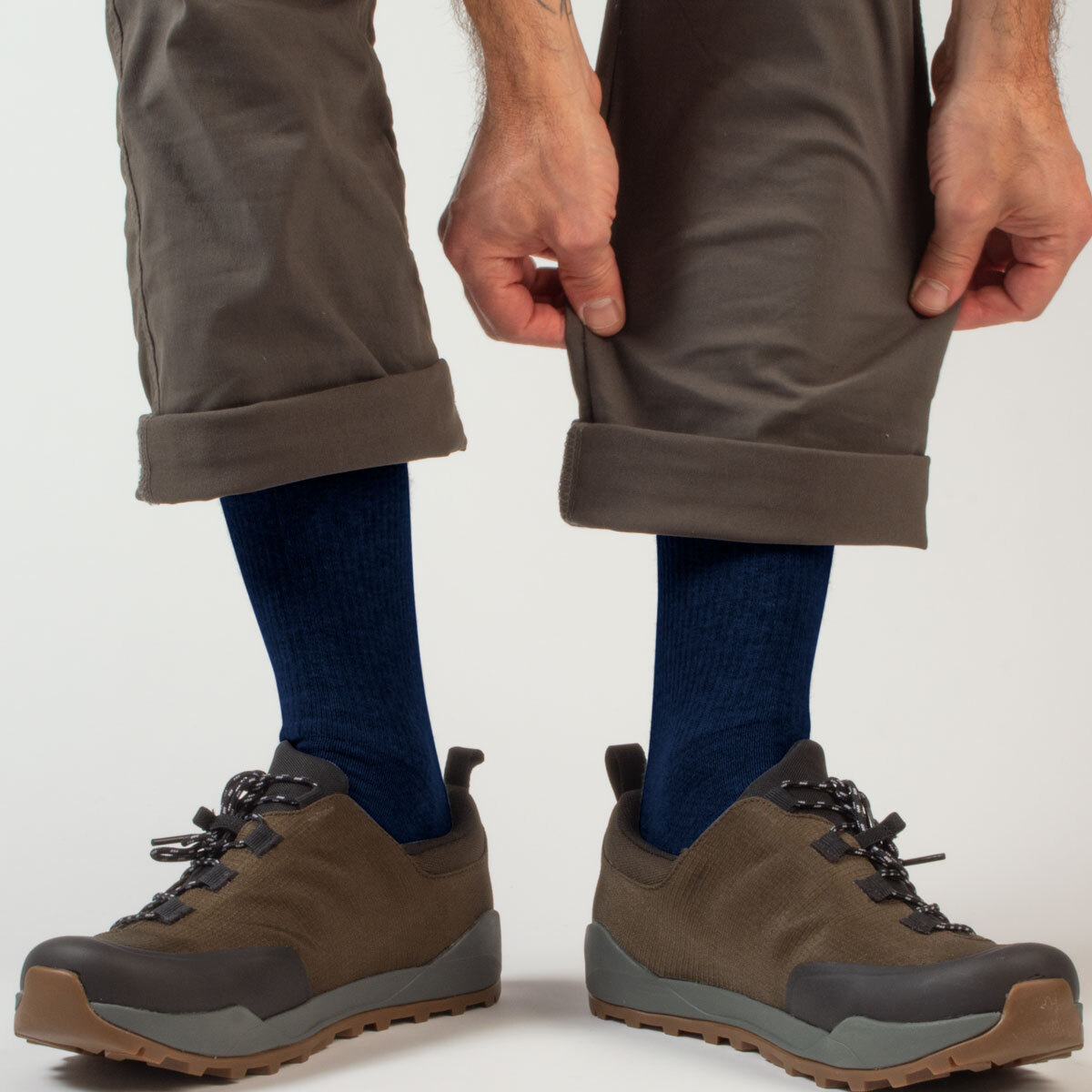 navy merino socks on model