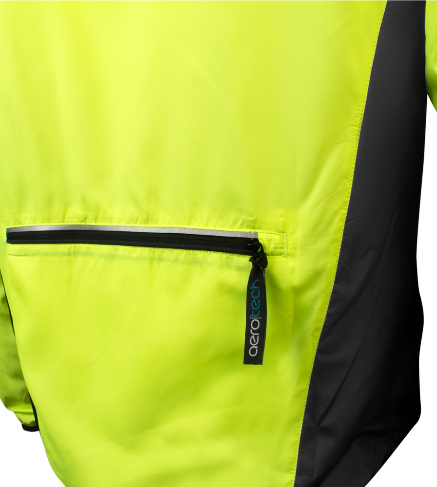 Women's Safety Yellow Packable Jacket Back Pocket and Zipper Pull