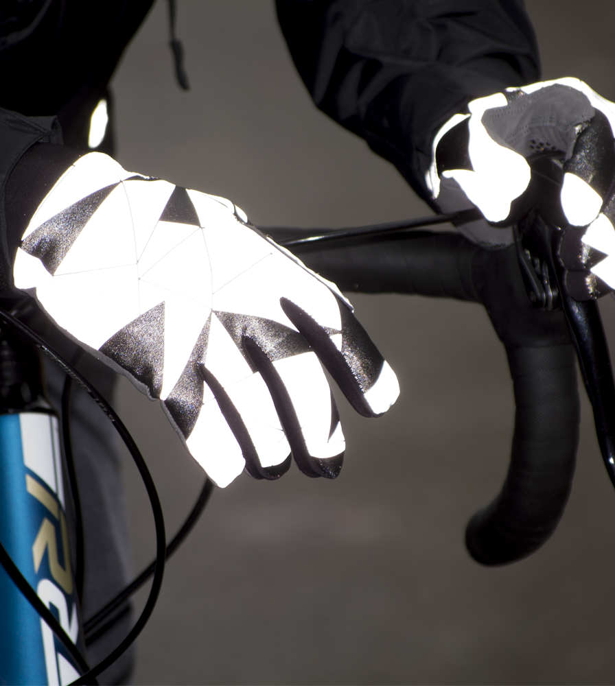 Urban Street Line Reflective Cycling Glove Lit Up on the Bike Close