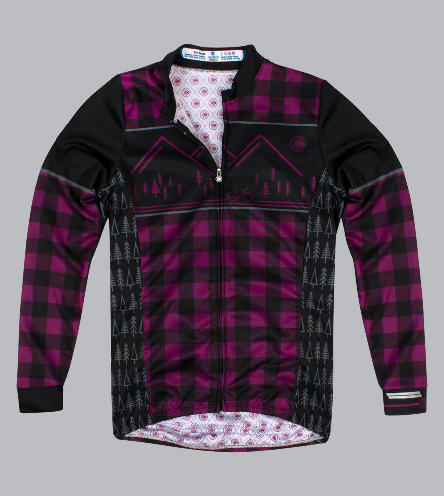 Women's Purple Lumberjack Long Sleeve Cycling Jersey Flat Front View