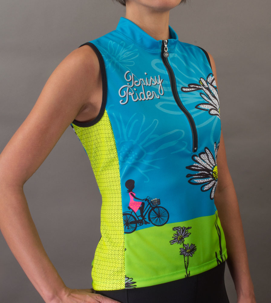 Women's Sleeveless Cycling Jersey - Blue and Purple Daisy Rider