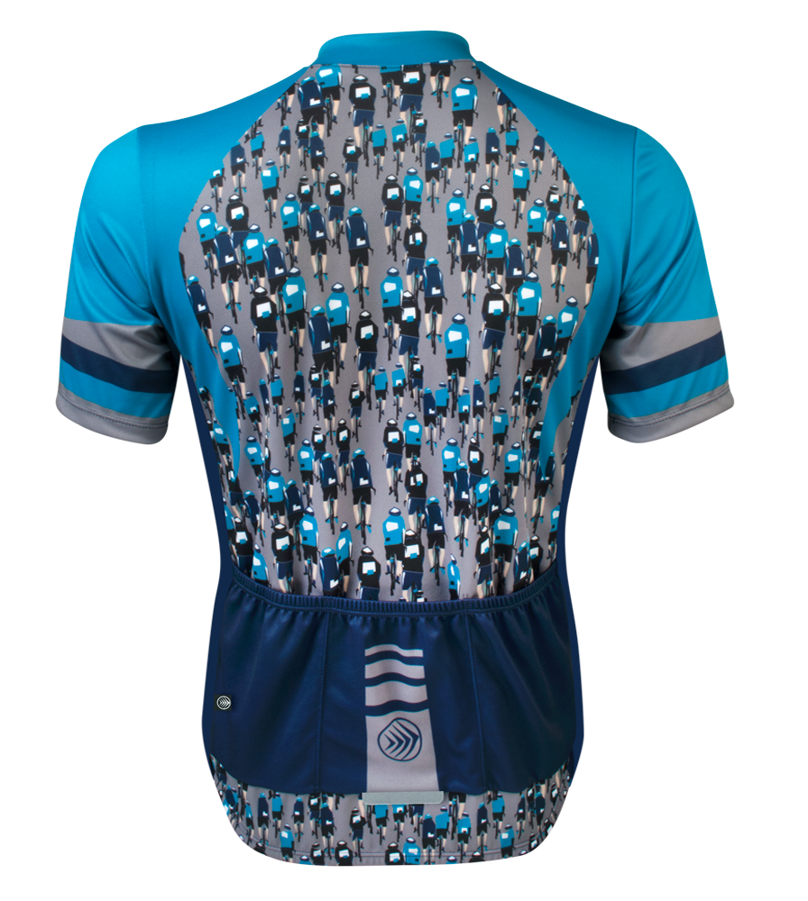 biker dudes cycling jersey cycling jersey showing bicycle riders front and back in Teal, navy and gray