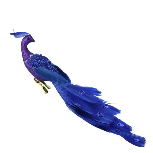 10" Purple and Royal Blue Jeweled Peacock Bird Clip On Christmas Ornament