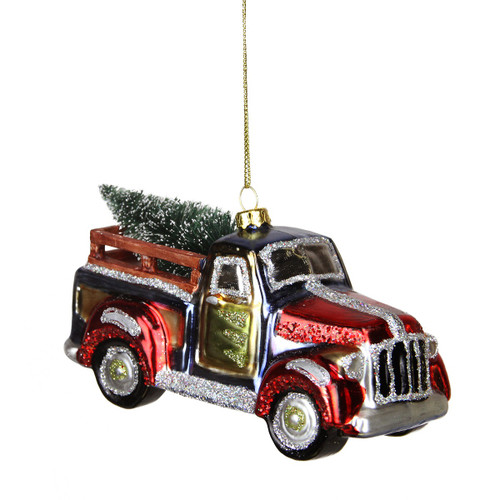 Glittered Glass Truck with Tree Christmas Ornament - 5.25" - Blue and Red