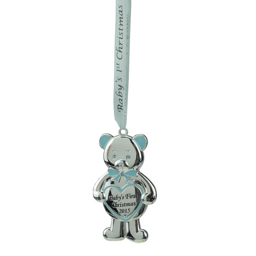 3.25" Regal Silver and Blue "Baby's First Christmas 2015" Bear Ornament w/ European Crystals
