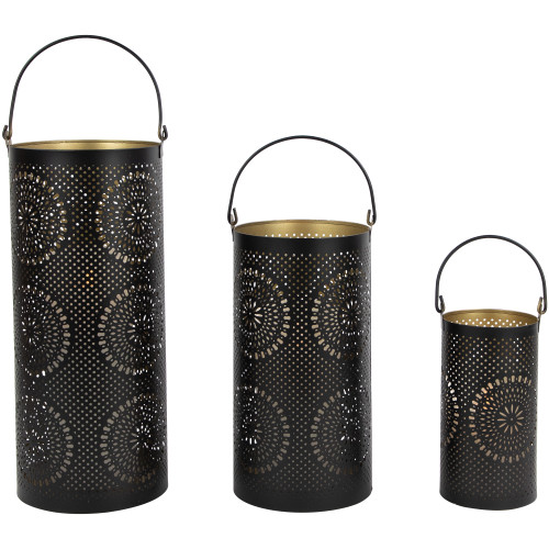 Laser-Cut Floral Pillar Candle Lanterns - 12" - Black and Gold - Set of 3