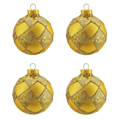 4ct Matte Gold Glitter Diamond Design Glass Ball Christmas Ornaments 2.5" (65mm)