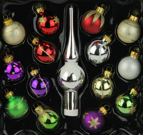 15-Piece Multi-Color Mini Glass Ball and Finial Tree Topper Christmas Ornament Set