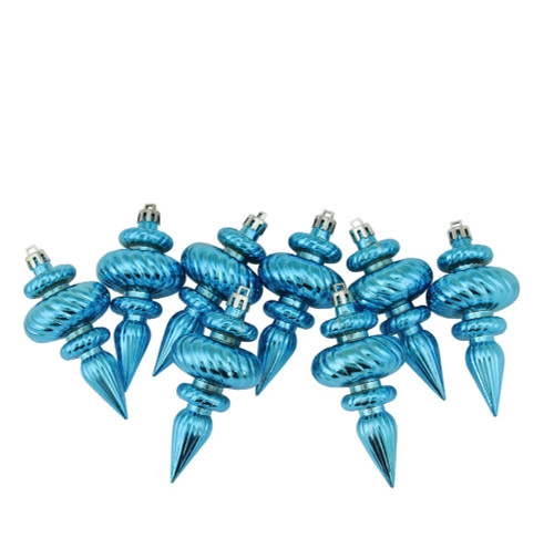 8ct Turquoise Blue Shatterproof Shiny Ribbed Christmas Finial Ornaments 4.25"
