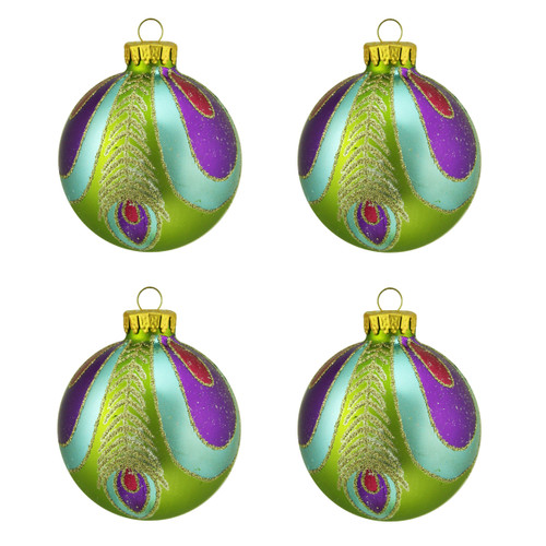 4ct Green, Blue and Purple Peacock Design Glass Ball Christmas Ornaments 2.5" (65mm)