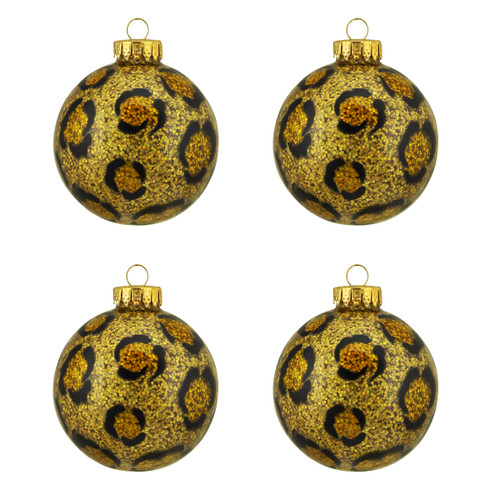 4ct Diva Safari Gold Glitter Leopard Animal Print Design Glass Ball Christmas Ornaments 2.5" (65mm)