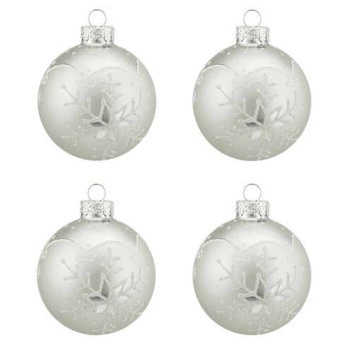 4ct Winter Light Matte White with Glitter Snowflake Design Glass Ball Christmas Ornaments 2.5" (65mm)