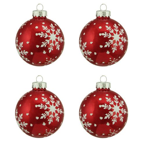 4ct Alpine Chic Pearl Red with White Snowflake Design Glass Ball Christmas Ornaments 2.5" (65mm)