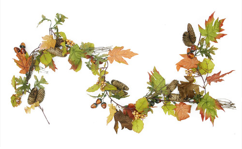 6' Brown and Green Autumn Harvest Leaf and Acorn Artificial Thanksgiving Garland - Unlit
