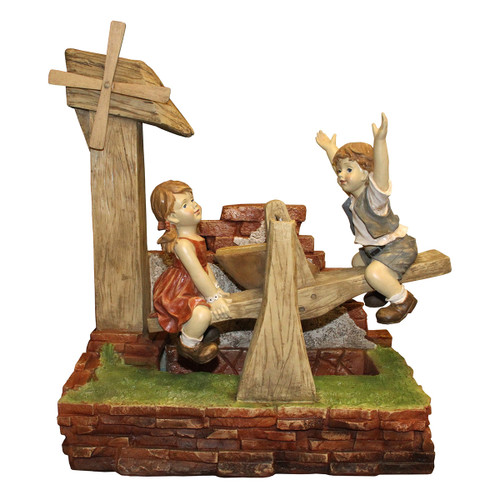 38" Brown and Green Kids Playing on See Saw Outdoor Patio Water Fountain