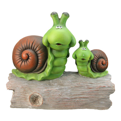 14.5" Green and Brown Mom with Baby Snail on a Tree Stump Outdoor Garden Statue