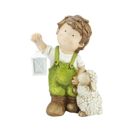 16.5" Green and White Young Boy Gnome with Lamb Outdoor Garden Figurine