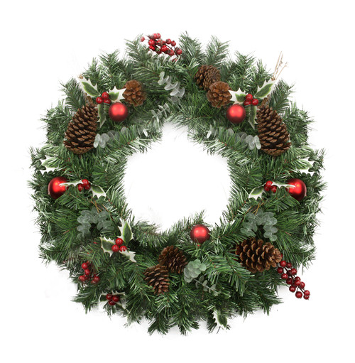 24" Pre-Decorated Holly Berry, Pine Cone, Twig and Ball Artificial Christmas Wreath - Unlit
