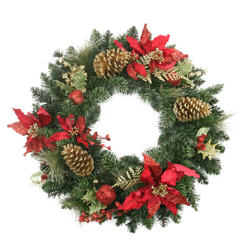 24" Pre-Decorated Red Poinsettia and Gold Pine Cone Artificial Christmas Wreath - Unlit
