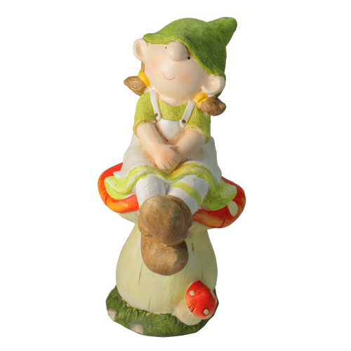 19.25" Young Girl Gnome Sitting on a Mushroom Outdoor Garden Figurine