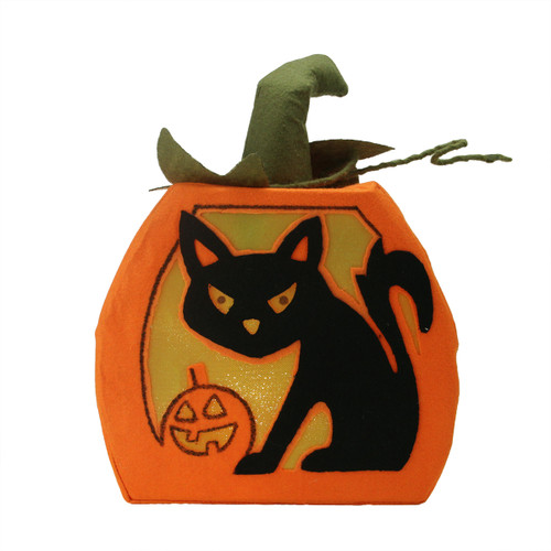 12.5" Orange and Black LED Lighted Cat and Jack-o-Lantern Pumpkin Halloween Decoration