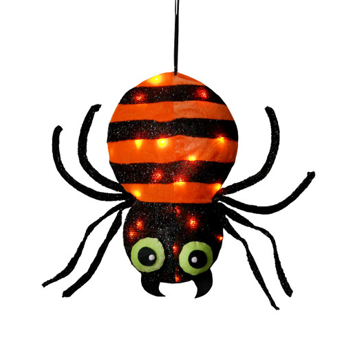 27" Orange and Black LED Lighted Striped Creepy Spider Hanging Halloween Decor