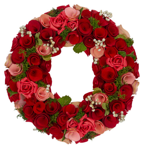 12" Red and Pink Wooden Rose with White Berries Artificial Wreath -Unlit