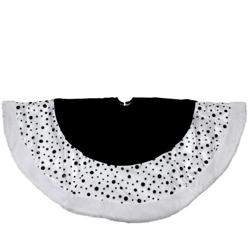 48" Black and White Glittered Polka Dot Christmas Tree Skirt with Faux Fur Trim