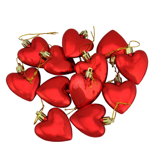12ct Valentines Day Red Shatterproof Shiny Heart Christmas Ornaments 2.5"
