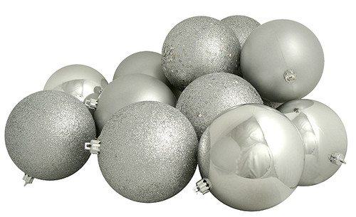 12ct Silver Splendor Shatterproof 4-Finish Christmas Ball Ornaments 4" (100mm)