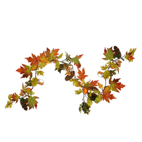 6' Orange and Green Autumn Harvest Mixed Fall Leaf and Gourd Artificial Thanksgiving Garland - Unlit