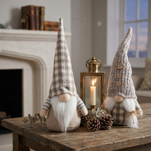 Plush Gingham Nordic Christmas Gnomes Figures - 13" - Beige and White - Set of 2