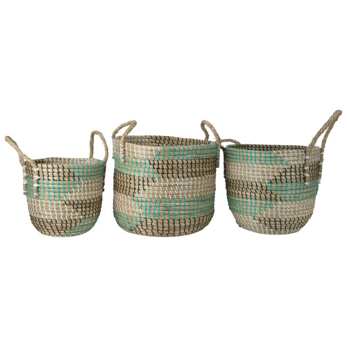 Set of 3 Teal Black and White Natural Woven Seagrass Baskets